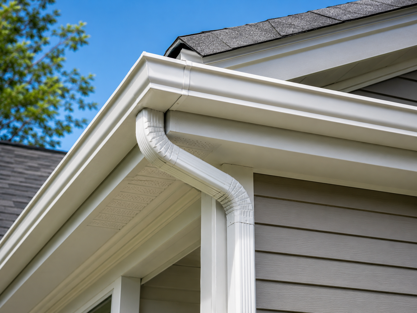 Close-up of a clean white gutter and downspout system