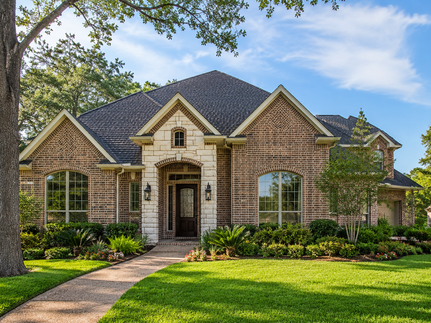 Example of residential roofing on a landscaped suburban home