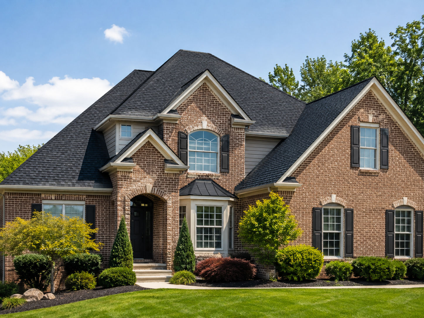 Large residential home with a new dark shingle roof