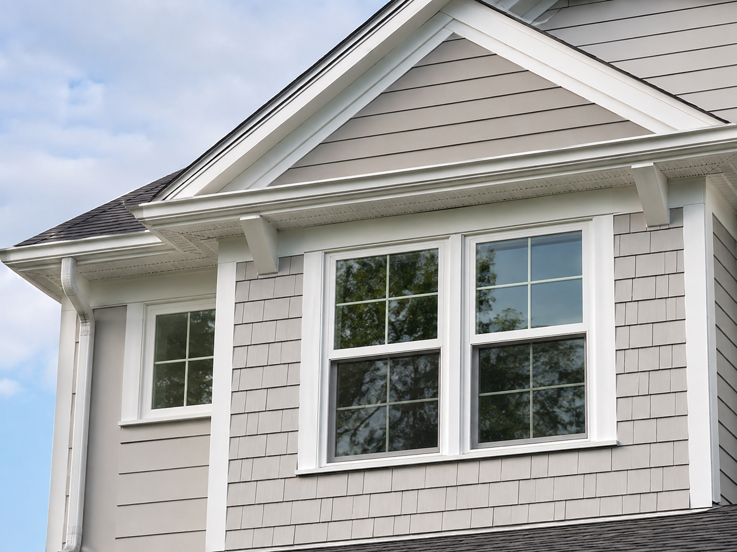 Close-up of light-colored house siding and windows