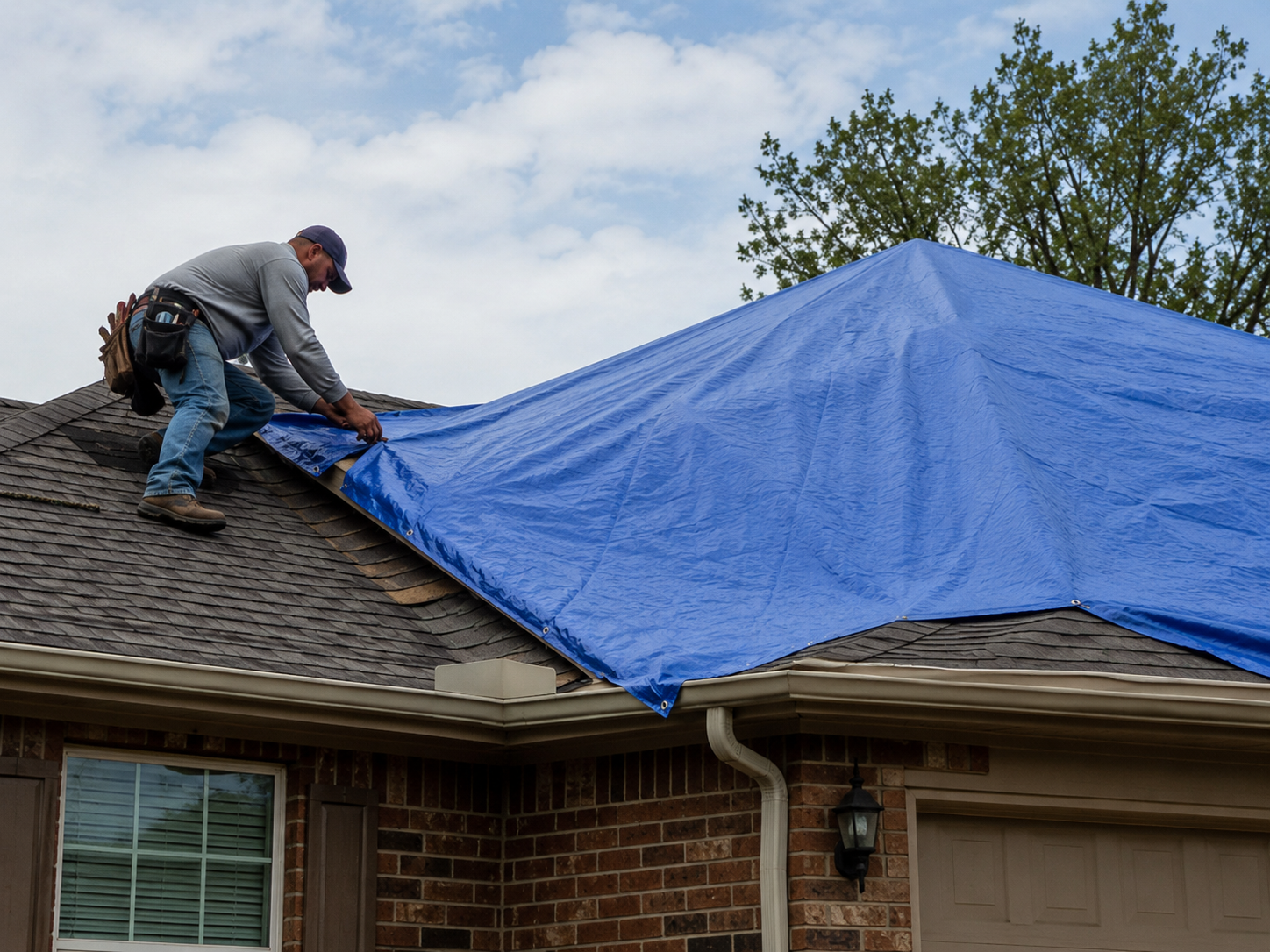 Home roof covered with a blue tarp after storm damage